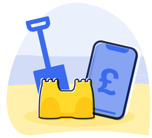 Spade, sand castle and phone with a pound sign