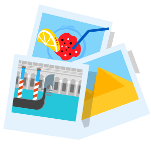 Illustrated polaroid photos of Venice, pyramids, and a cold drink.