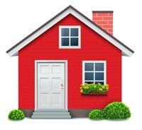 Illustration of a red two-storey house with white doors and windows and shrubbery.