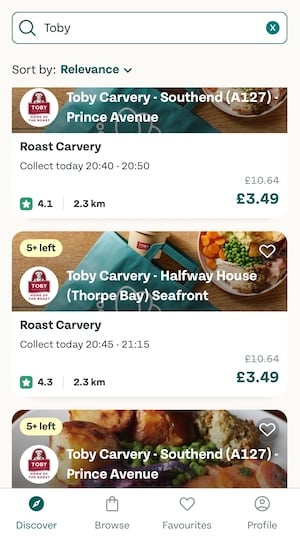 Too Good To Go app listings - all Toby Carvery for £3.49 each