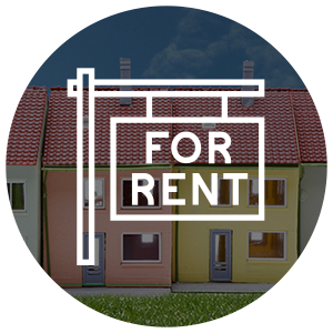 cartoon of a row of houses in the background with a for rent sign in the foreground