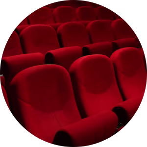 Rows of empty red cinema theatre seats.