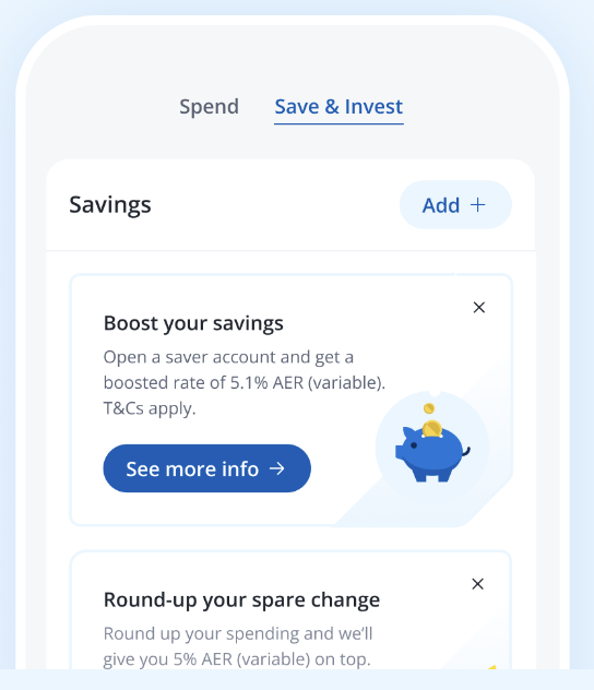 Screenshot of Chase banking app showing the savings section, which contains an invitation to “Boost your savings” by opening a saver account with a “boosted rate” of 5.1% AER variable.