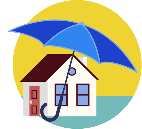 cartoon of a house under a protective umbrella