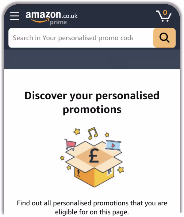 An Amazon Prime webpage titled 'Discover your personalised promotions' with an illustration of an open box containing a pound symbol, shopping trolley and musical notes.