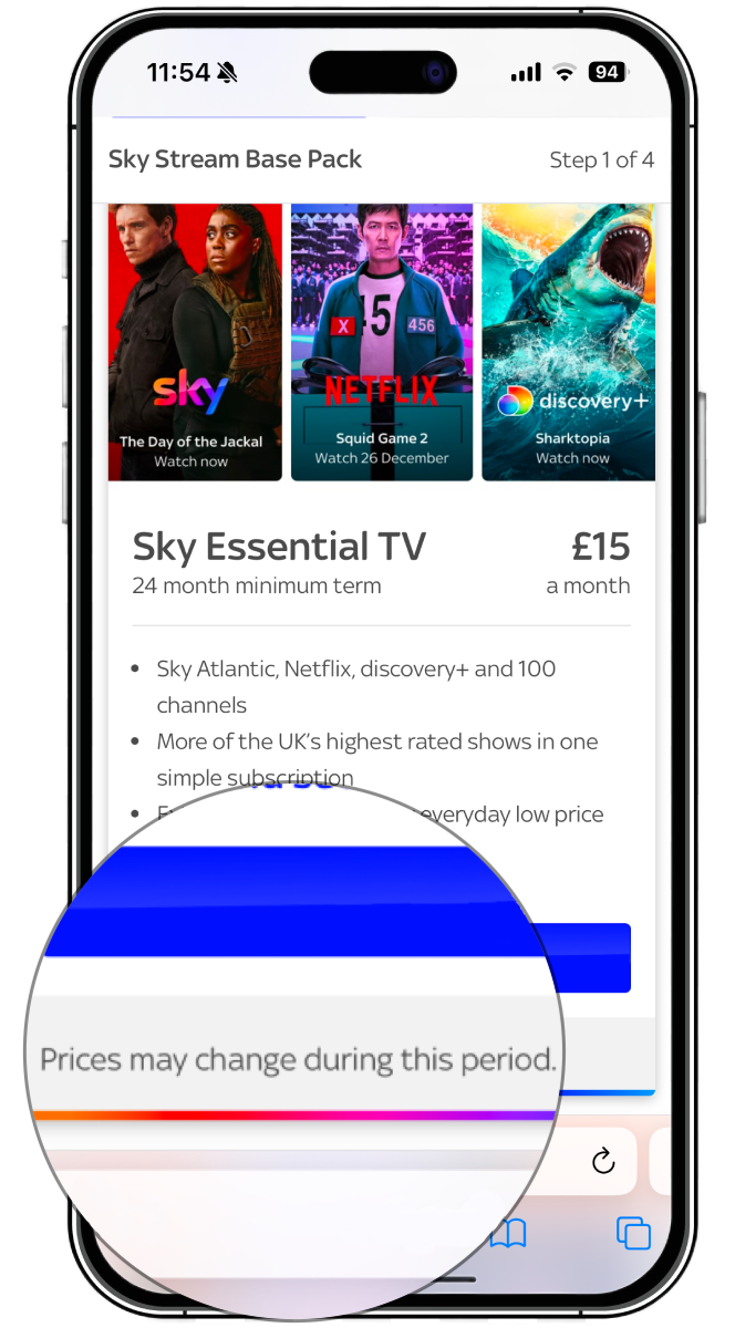 Screenshot of Sky.com showing 24-month TV package with "Prices may change during this period." small print