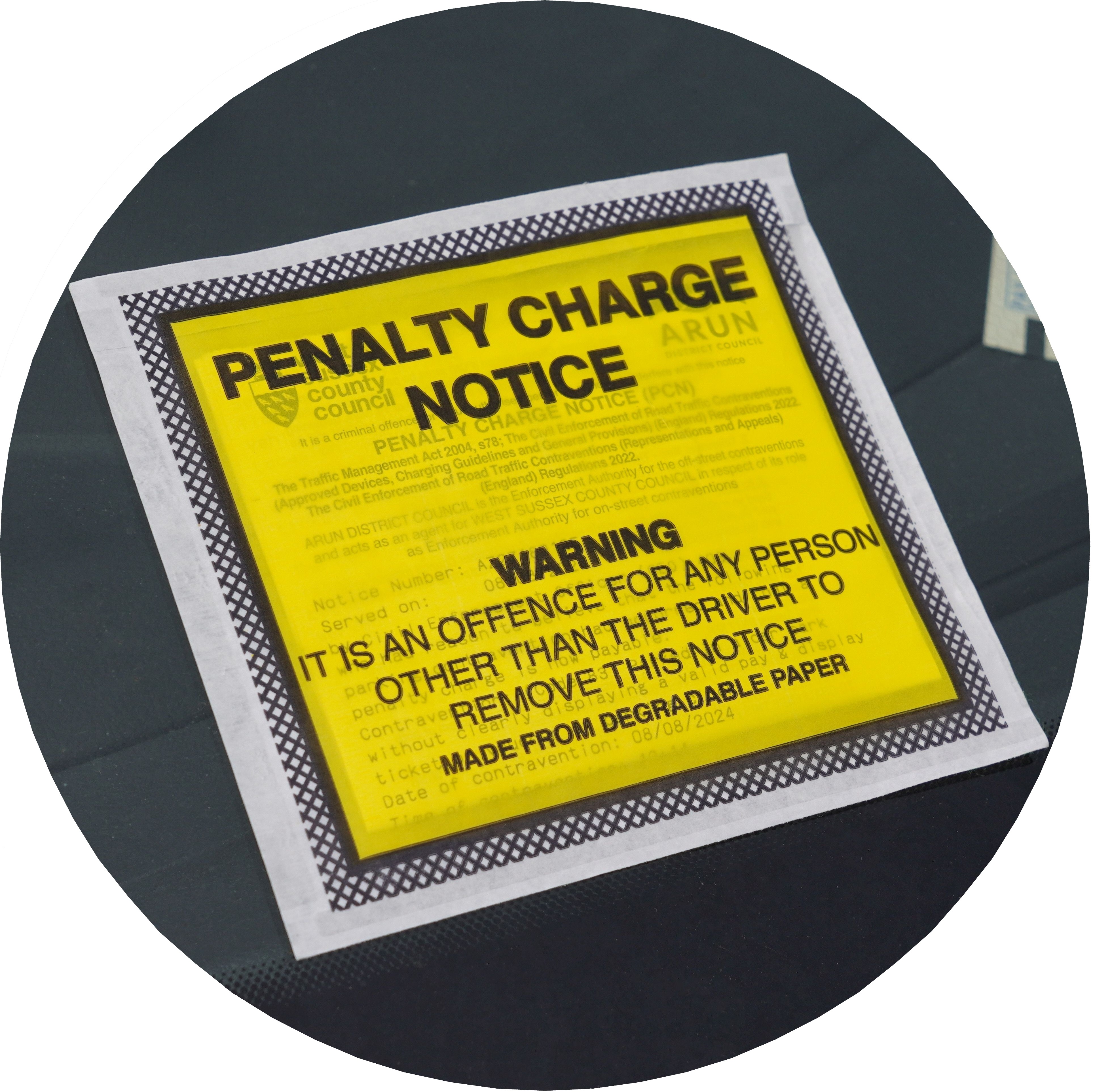 A Penalty Charge Notice. Text on it reads: "Warning: It is an offence for any person other than the driver to remove this notice."