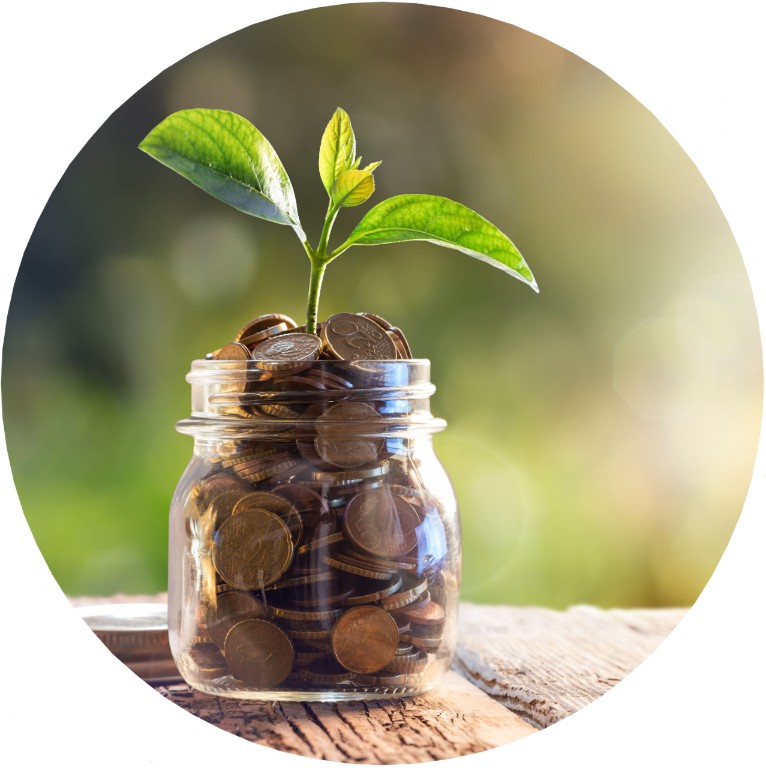A small jar of copper coins with green leaves sprouting from it.