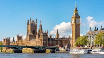 Houses of Parliament in Westminster, London on a clear, sunny day