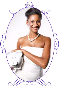 A woman is smiling in a wedding dress and holding a white piggy bank.