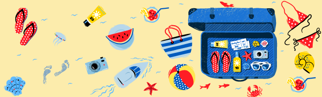 A colourful beach holiday concept illustration of travel items packed in a blue suitcase including sunscreen, sandals, a camera, tickets, seashells, cold drinks, swimwear, a watermelon, a boat, footprints, beachballs and sea creatures.