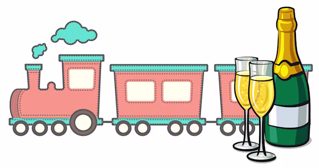 Illustration of a pink and blue steam train with a bottle of champagne and two glasses next to it.