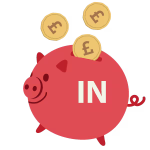 Smiling piggybank with the word 'IN' on it and coins falling into its slot
