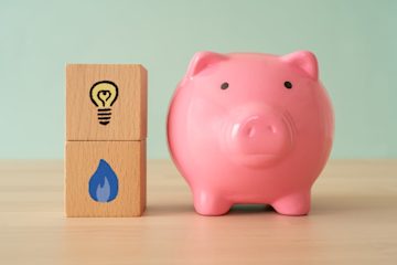 Image of a piggy bank next to two bricks - one with a light bulb painted on it and one with a flame on it.