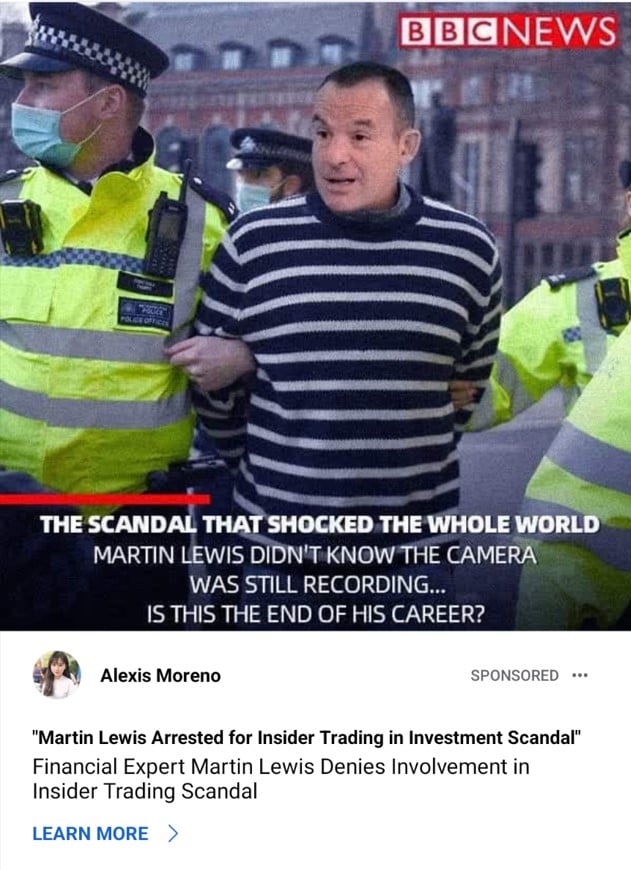 An example of fake 'BBC' news story suggesting Martin Lewis has been caught in a scandal