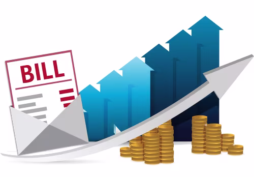 Vector image of a bill in an envelope, several piles of coins, and several arrows pointing upwards.