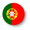 Circular image of the Portugese flag. The flag shows a crest in red yellow and white on a background split between green and red