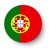 Circular image of the Portugese flag. The flag shows a crest in red yellow and white on a background split between green and red