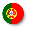 Circular image of the Portugese flag. The flag shows a crest in red yellow and white on a background split between green and red