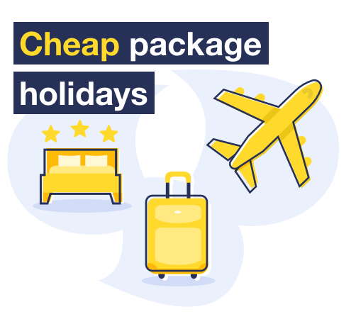 An image featuring a bed, luggage bag and an aeroplane, with a title of "Cheap package holidays".