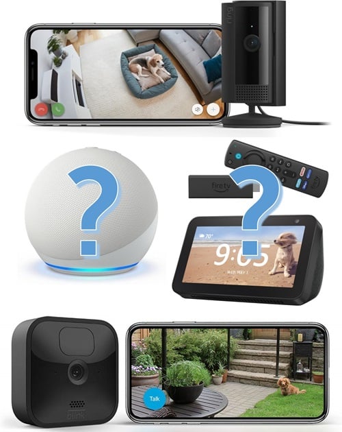 Image showing Ring and Blink cameras, along with other Amazon devices with a question mark