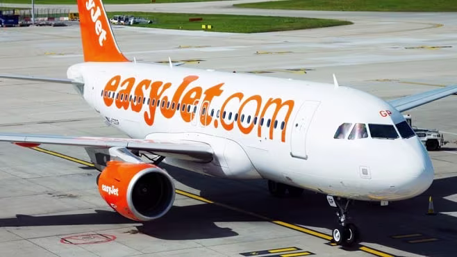 Easyjet plane grounded on the airport tarmac.