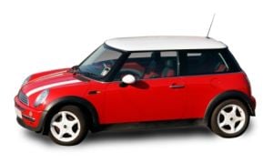 A red BMB Mini Cooper with white roof, wheel trims and stripes on the bonnet.