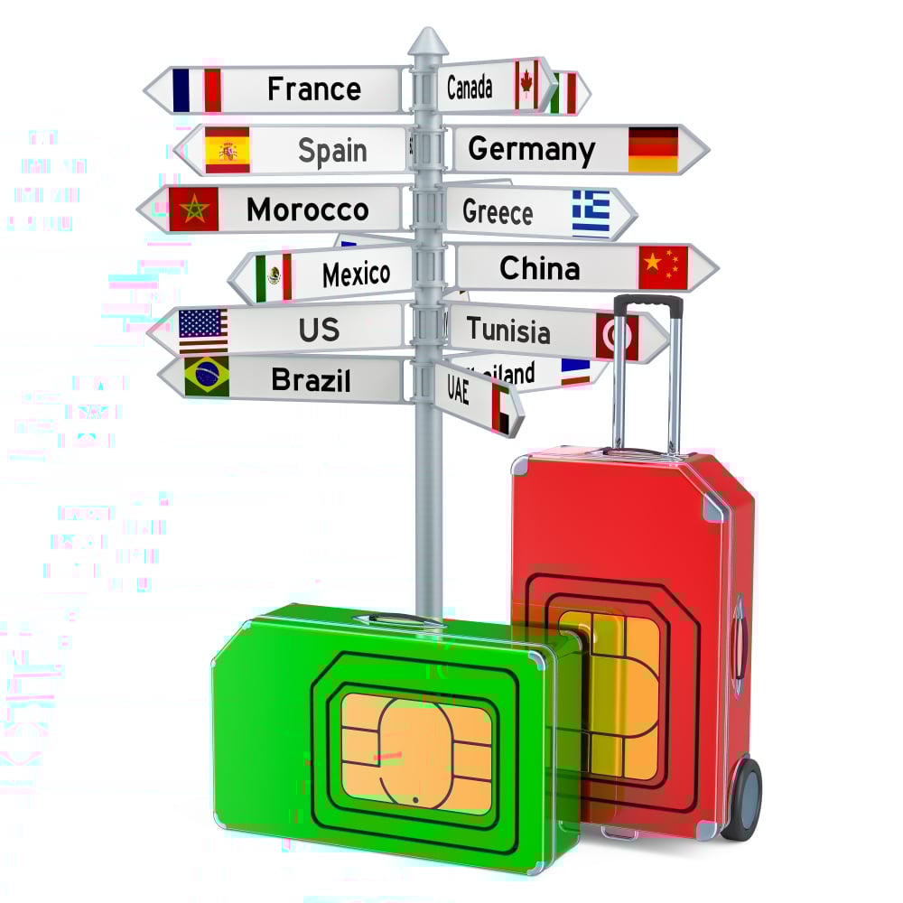 Red suitcase in the shape of a sim next to a green sim suitcase with a sign pointing to different countries