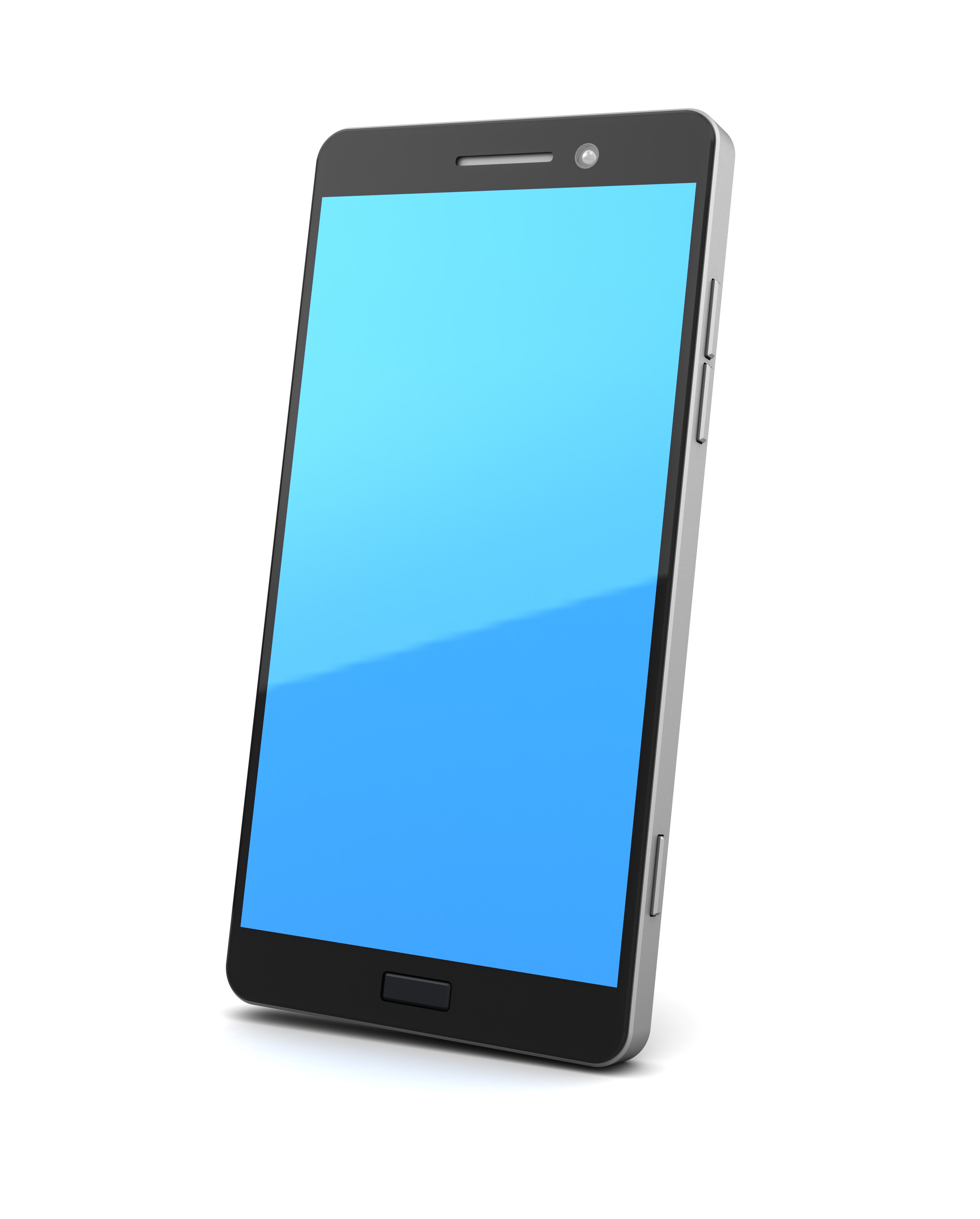 A smartphone with a blank blue screen.