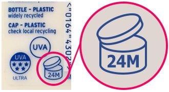 The 'period after opening' number which is displayed a little tub with an open lid and the number 24 and the letter M to indicate it's fine to use within 24 months of opening.