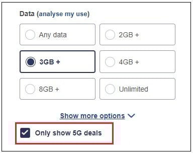 An example of our 5G filter in our Cheap Mobile Finder tool