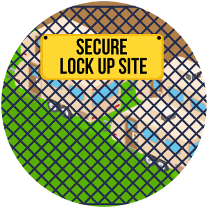 An image of a caravan site that is fenced off by a chain-link fence. A sign is attached to the fence that reads: "Secure lock-up site".