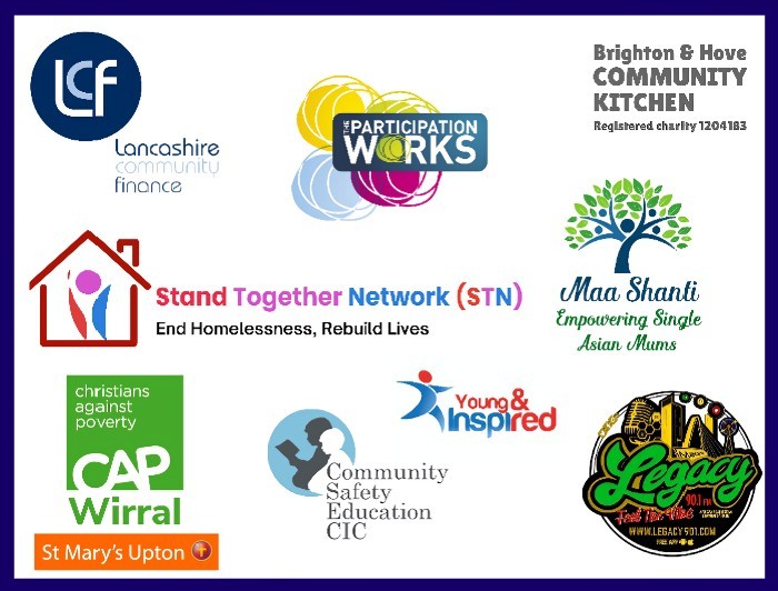 The logos of the charities successful in the summer round: Community Safety Education, Maa Shanti, Young and Inspired, St Mary's Upton CAP Wirral, Stand Together Network, Legacy901, The Community Kitchen, Lancashire Community Finance, Participation Works 