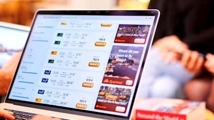 Screengrab of flight comparison site, reading: "Need a hotel in New York? Where do you want to fly today?"