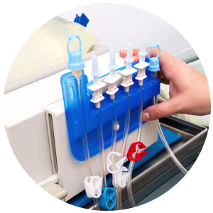 A peritoneal dialysis system for at-home dialysis.