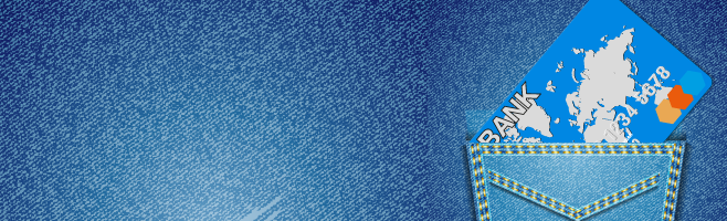 A single jeans poket with a fake bank card sticking out of it.