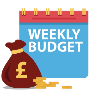 An illustration of a weekly budget planner and a bag of money with piles of coins outside it