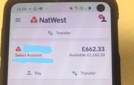 NatWest app showing account balance