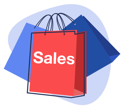 An illustration of three paper-style shopping bags: the one in the foreground is red and has "Sales" written on it in white text, and the two in the background are blue.