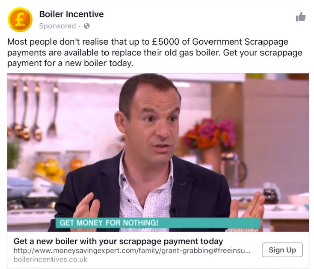 Fake ad using Martin Lewis image to sell boiler and heating incentives