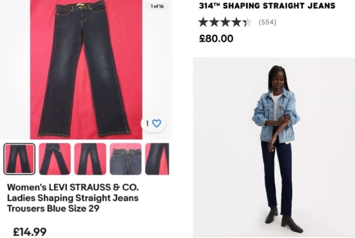 A side by side image of the same jeans sold on eBay and Levi's. The brand new jeans cost £14.99 on eBay, but £80 on Levi's.