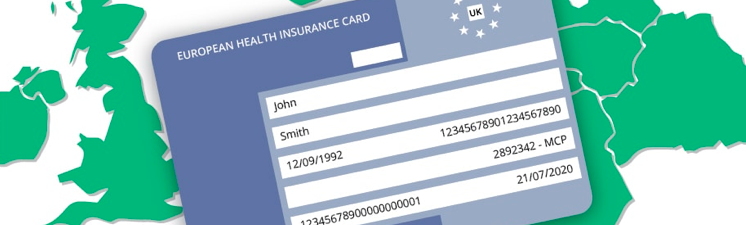 A European Health Insurance Card, featuring the name John Smith, overlaid on a map, featuring Great Britain and Ireland.