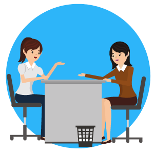 Illustration of two female employees talking over a desk
