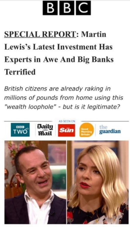 An example of a fake 'Martin Lewis' advert where Martin is supposedly promoting a 'wealth loophole'.