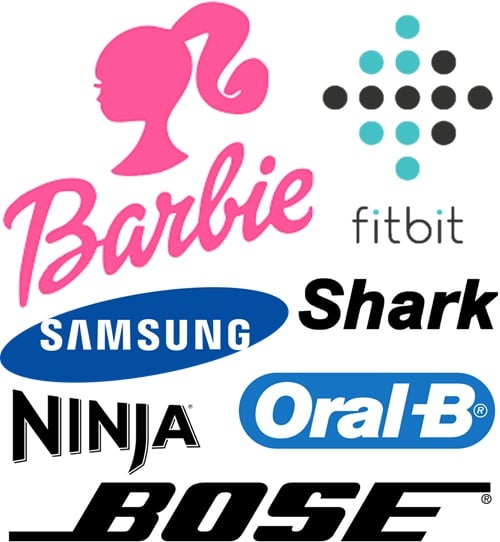 Image showing logos for the brands Amazon has confirmed will be discounted during Prime Day including Barbie, Fitbit, Samsung, Shark, Ninja and Bose
