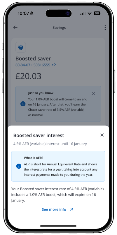 Screenshot of Chase app on iOS showing a boosted saver account paying 4.5% AER with a 1% AER boost ending on 16 January 2025