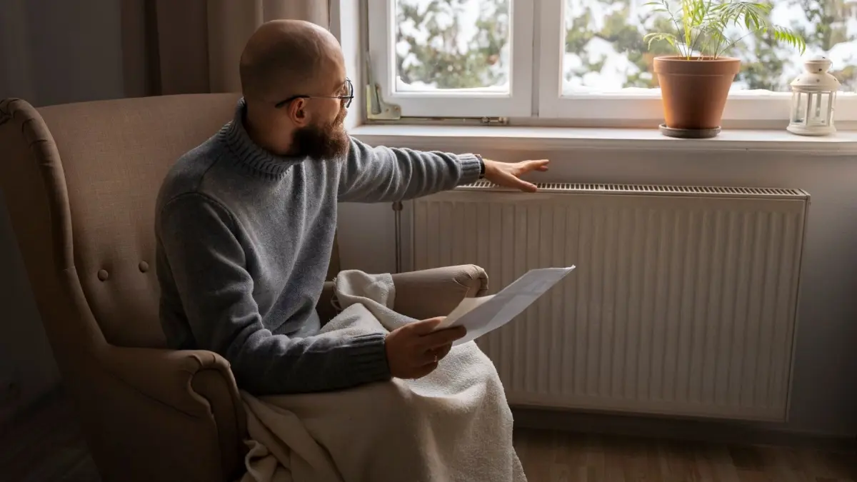 foto van man aan radiator met dekentje