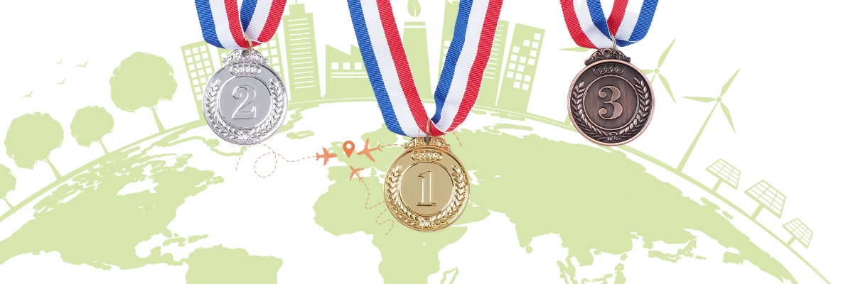 Banner met 3 medailles goud, zilver en brons met een achtergrond van een groene planeet thema duurzaamheid