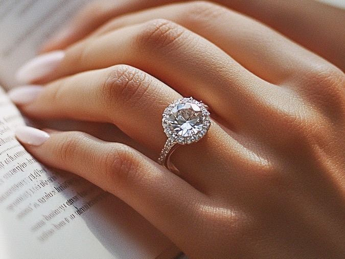 Solitaire en or blanc pavé de diamants porté par une main fine.