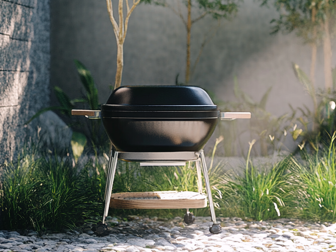 Barbecue moderne dans un jardin verdoyant ensoleillé.